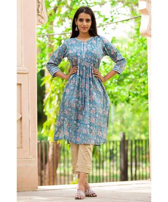 Cotton Hand Block Print Blue & Pink Kurta 1