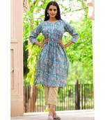 Cotton Hand Block Print Blue & Pink Kurta