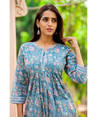 Cotton Hand Block Print Blue & Pink Kurta 5