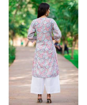 Cotton Hand Block Print Skyblue & Pink Kurta 2