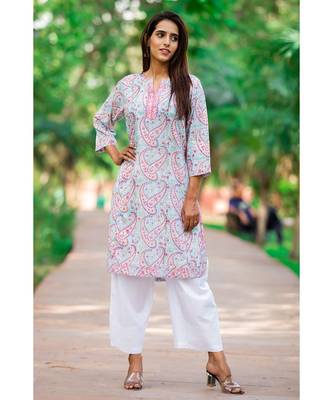 Cotton Hand Block Print Skyblue & Pink Kurta 3