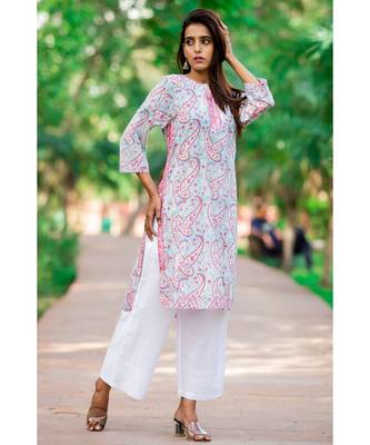 Cotton Hand Block Print Skyblue & Pink Kurta 4