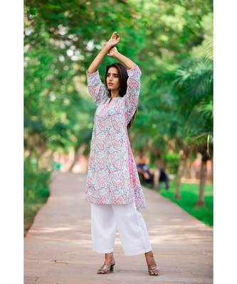 Cotton Hand Block Print Skyblue & Pink Kurta 1