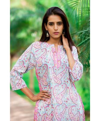 Cotton Hand Block Print Skyblue & Pink Kurta 5