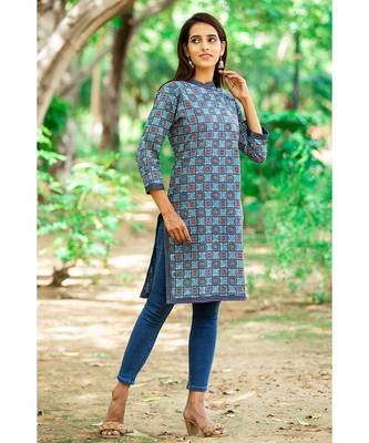 Cotton Hand Block Print Blue & Red Kurta 3