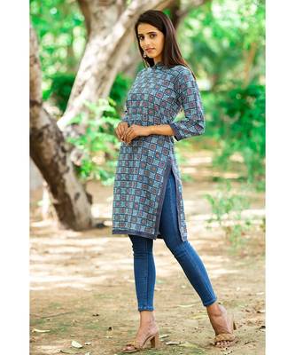 Cotton Hand Block Print Blue & Red Kurta 4