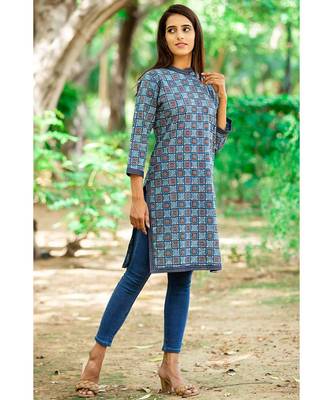 Cotton Hand Block Print Blue & Red Kurta 1