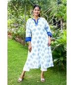 Cotton Hand Block Print White & Blue Kurta
