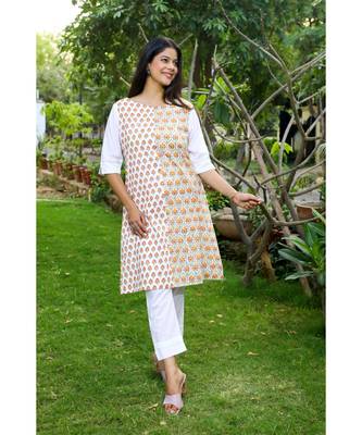 Cotton Hand Block Print White & Red Kurta 1
