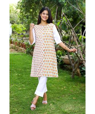 Cotton Hand Block Print White & Red Kurta 2