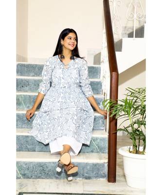 Cotton Hand Block Print White & Blue Kurta 1