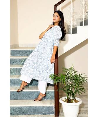 Cotton Hand Block Print White & Blue Kurta 2