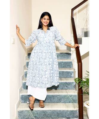 Cotton Hand Block Print White & Blue Kurta 3