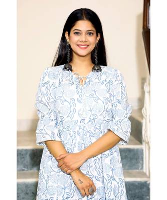 Cotton Hand Block Print White & Blue Kurta 4