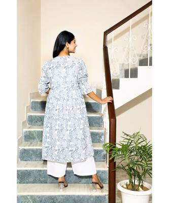 Cotton Hand Block Print White & Blue Kurta 5