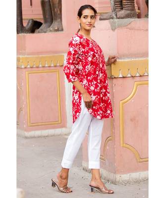 Cotton Hand Block Print Red & White Kurta 4