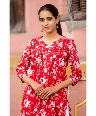 Cotton Hand Block Print Red & White Kurta 5