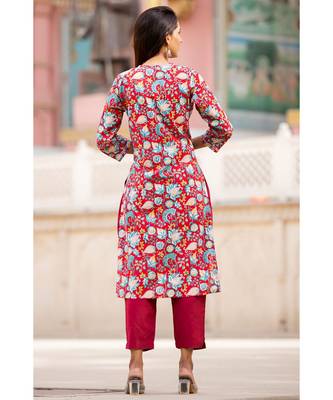 Cotton Hand Block Print Red & Blue Kurta 2