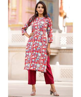 Cotton Hand Block Print Red & Blue Kurta 3