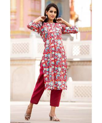 Cotton Hand Block Print Red & Blue Kurta 4