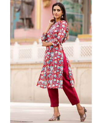Cotton Hand Block Print Red & Blue Kurta 1