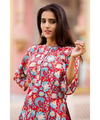 Cotton Hand Block Print Red & Blue Kurta 5