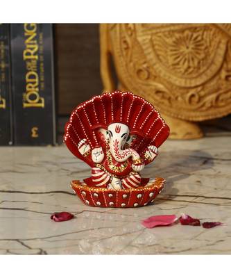 Vintage Gulley Metal Ganesha Idol Seated in A Sea Shell Made in Enameled Metal I Seep Ganesha (Red) 1