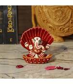 Vintage Gulley Metal Ganesha Idol Seated in A Sea Shell Made in Enameled Metal I Seep Ganesha (Red)
