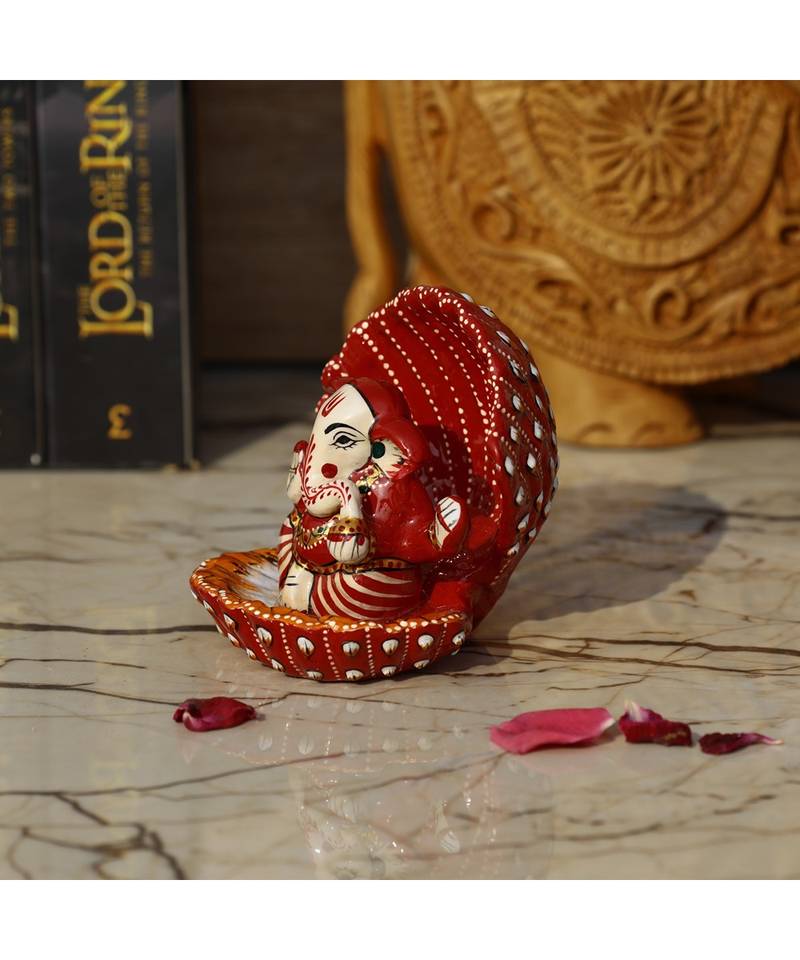 Vintage Gulley Metal Ganesha Idol Seated in A Sea Shell Made in Enameled Metal I Seep Ganesha (Red)