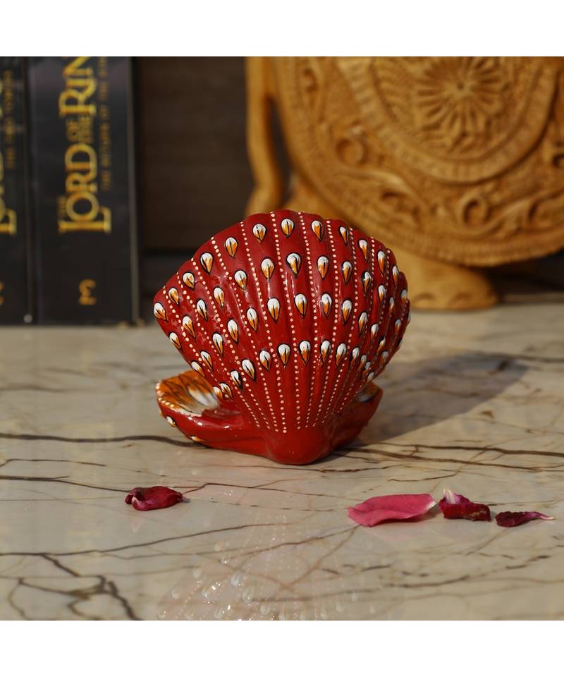 Vintage Gulley Metal Ganesha Idol Seated in A Sea Shell Made in Enameled Metal I Seep Ganesha (Red)