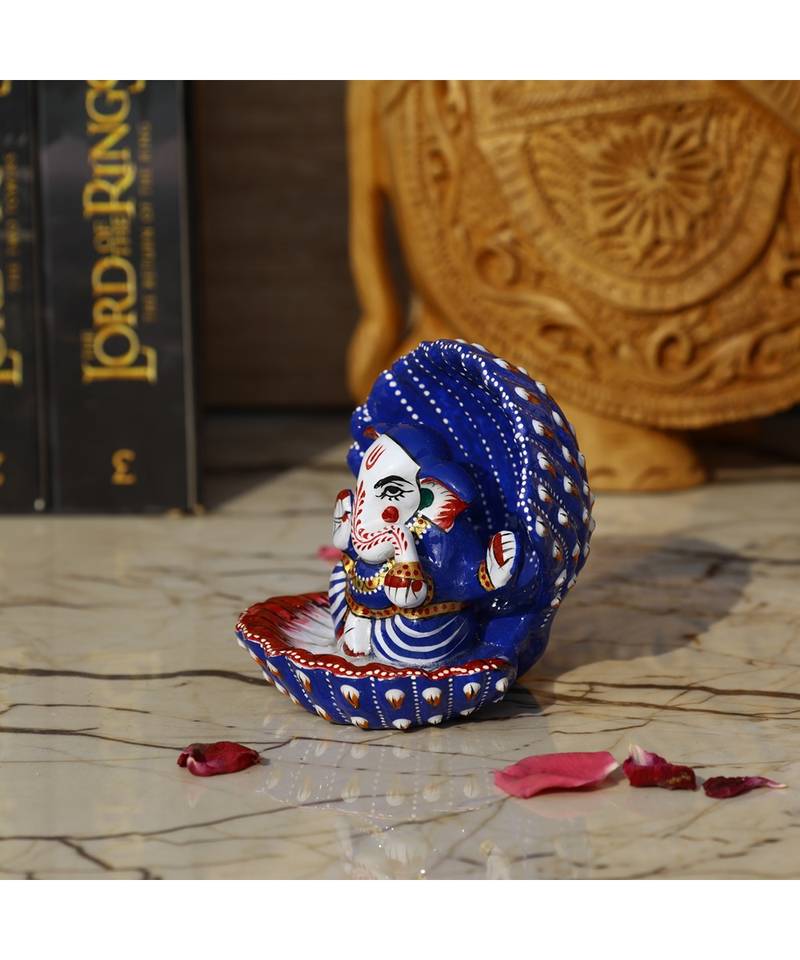 Vintage Gulley Metal Ganesha Idol Seated in A Sea Shell Made in Enameled Metal I Seep Ganesha (Blue)