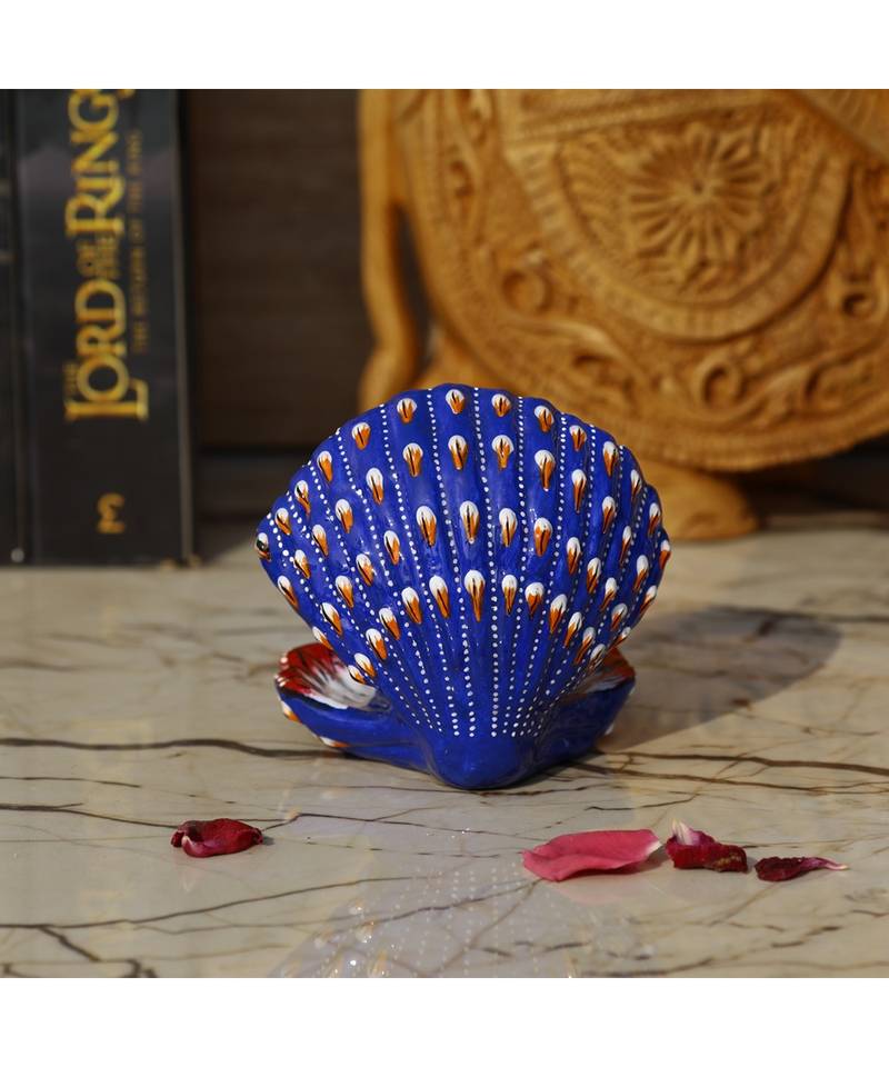 Vintage Gulley Metal Ganesha Idol Seated in A Sea Shell Made in Enameled Metal I Seep Ganesha (Blue)