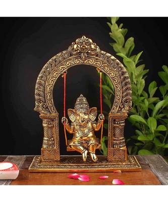 Vintage Gulley White Metal Golden Oxidized Ganesha on Swing Decorative Diwali Home Decoration & Gift Item I Ganpati 1