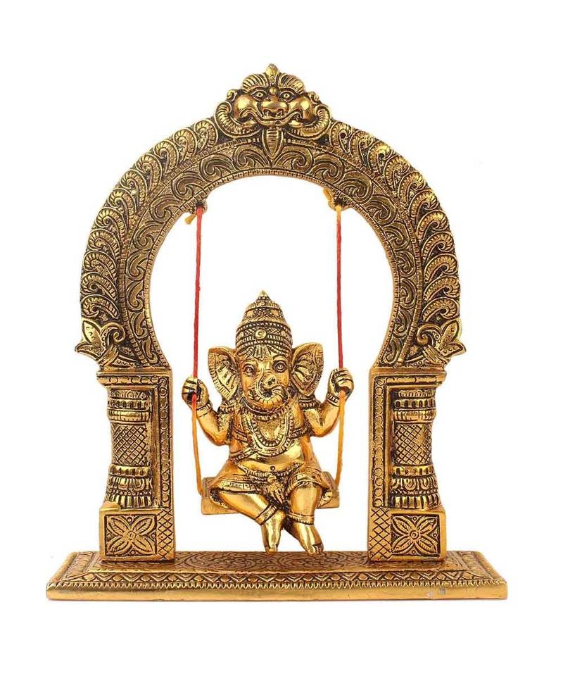 Vintage Gulley White Metal Golden Oxidized Ganesha on Swing Decorative Diwali Home Decoration & Gift Item I Ganpati