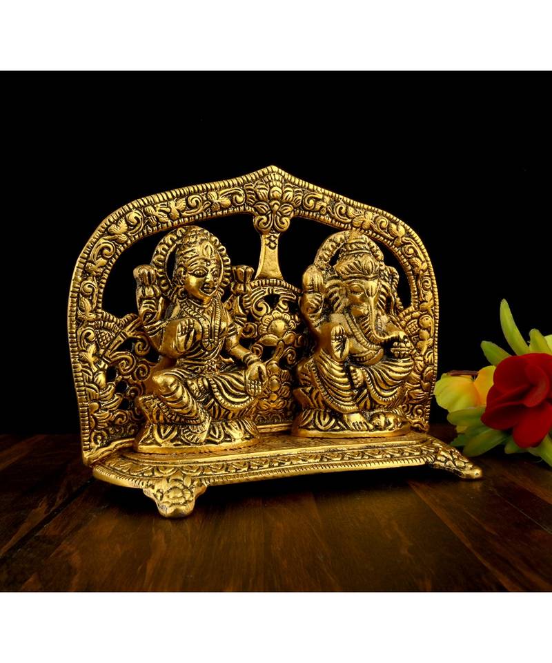Vintage Gulley White Metal Golden Oxidized Ganesha Laxmi Sitting Decorative Diwali Lakshmi I Ganesh I Metal