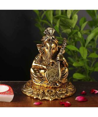 Vintage Gulley White Metal Golden Oxidized Pagdi Ganesha with Musical Instrument Decorative Diwali 1