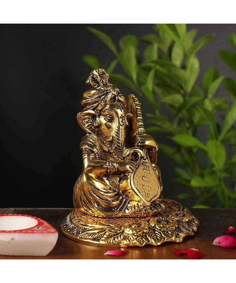 Vintage Gulley White Metal Golden Oxidized Pagdi Ganesha with Musical Instrument Decorative Diwali