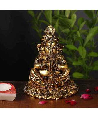 Vintage Gulley White Metal Golden Ganesha with Musical Instrument Small Decorative Diwali Home Decoration & Gift Item 1