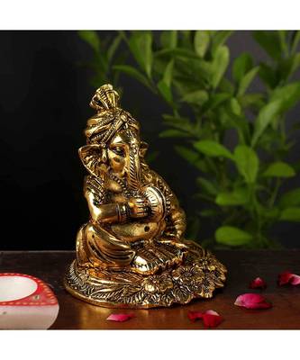 Vintage Gulley White Metal Golden Ganesha with Musical Instrument Small Decorative Diwali Home Decoration & Gift Item 2