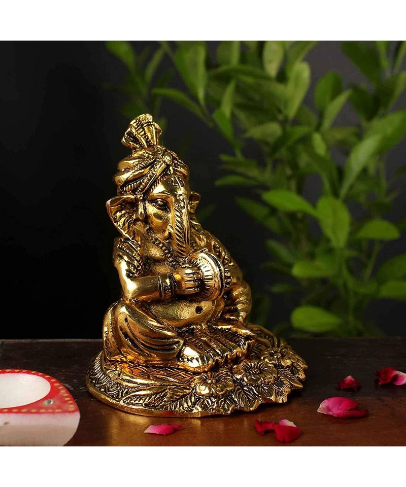 Vintage Gulley White Metal Golden Ganesha with Musical Instrument Small Decorative Diwali Home Decoration & Gift Item