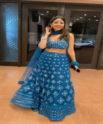 blue sequins net indo western lehenga with blouse 1