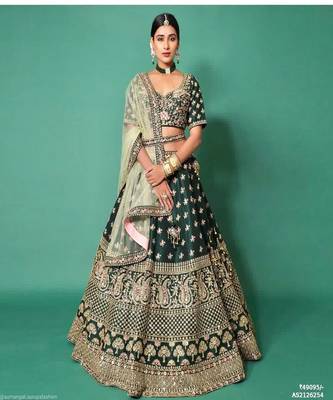 bottle green embroidery silk traditional lehenga with blouse 1
