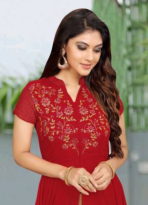 Trendmalls Red embroidered rayon heavy-work Party Wear Festive Casual Wedding CHIKANKARI Premium Kurtis & Kurta  6