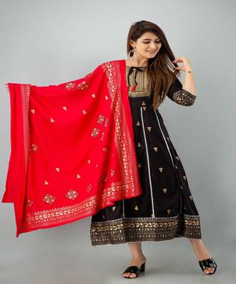 Women Rayon Floral Printed Kurti and Dupatta 1