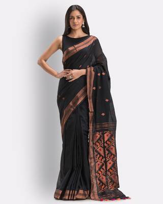 Black hand woven cotton saree with blouse 1