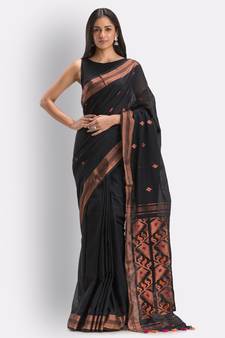 Black hand woven cotton saree with blouse