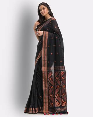 Black hand woven cotton saree with blouse 2