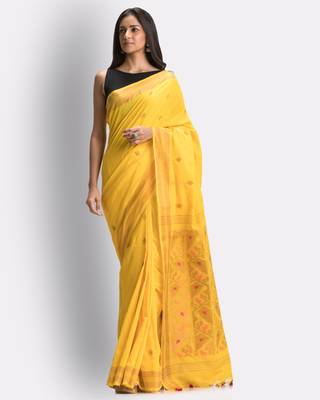 Yellow hand woven cotton saree with blouse 1