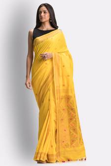 Yellow hand woven cotton saree with blouse