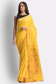 Yellow hand woven cotton saree with blouse